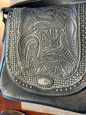 Montana West Black Tooled Floral Crossbody Bag with Stud Accents